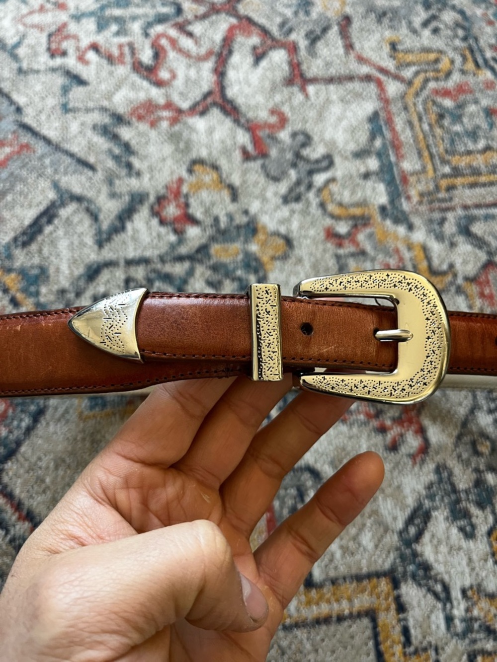 Men's Brown Leather Western-Style Belt with Silver Buckle